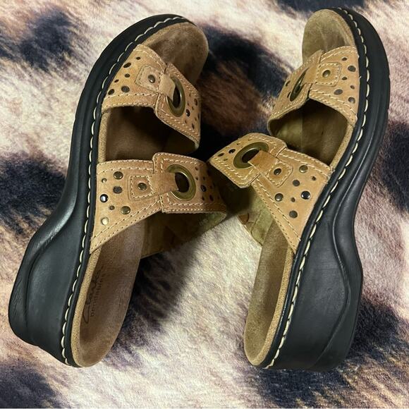 Clarks Double Strap Slide On Leather Sandals Women's Size 8 Tan Brown - Picture 9 of 12